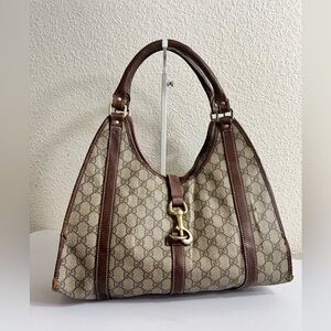 Gucci Beige GG Canvas Shoulder Bag with Brown Leather Trim